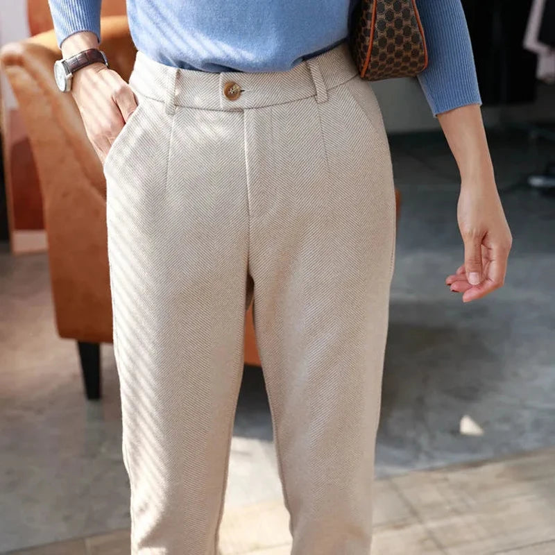 Woolen Pants Women's Harem Pencil Pants 2024 Autumn Winter High Waisted Casual Suit Pants Office Lady Women Trousers - 3KDyn